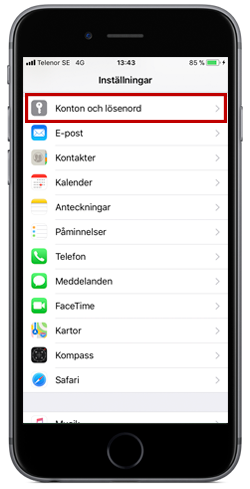 Välj "Konton och lösenord"