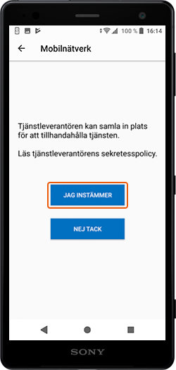 Tryck på JAG INSTÄMMER  för att fortsätta med aktivering av Wi-Fi-samtal