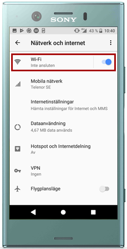 Aktivera wifi och välj det nätverk du vill ansluta till.